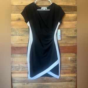Almost Famous Black and White Midi Sheath Dress with Contrast Panels